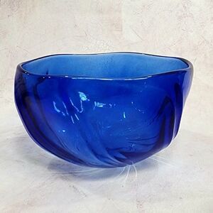 Michael Trimpol 7" D Decorative Sheer Cobalt Blue Swirl Bowl Art Glass Signed 03